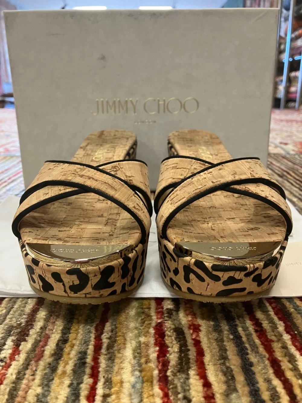 NEW Jimmy Choo USA 7 - Open Toe, Nude with Black Leopard Print, Cork Wedges